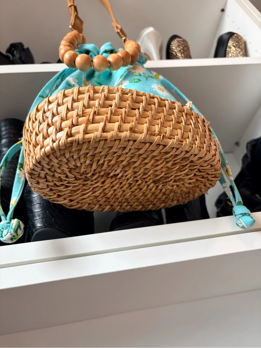 C&C California Blue Daisy Woven Bucket Bag with Tan Strap